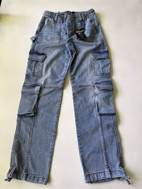 ChicConnect Straight Cargo Multi Pockets Pull-On Jeans Pants Elastic‎